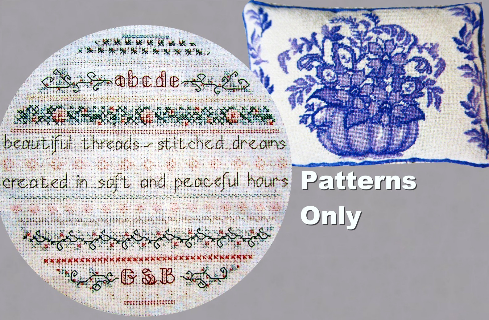 Stitcher Smpler Blue White Floral Pillow Design NEEDLEPOINT/CROSS STITCH PATTERN