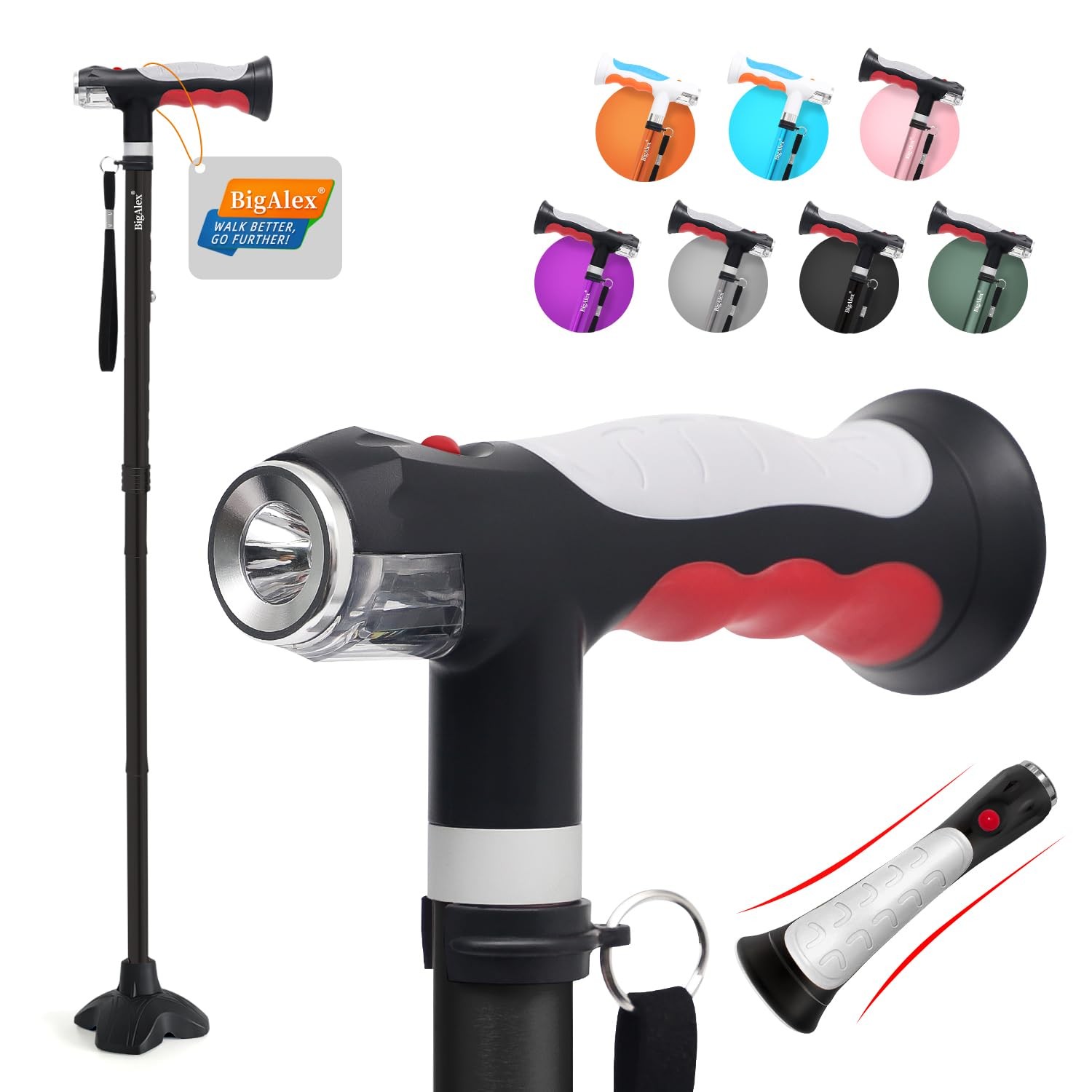 Adjustable Folding Cane with LED Lights, Solid Base & Carrying Bag for Seniors