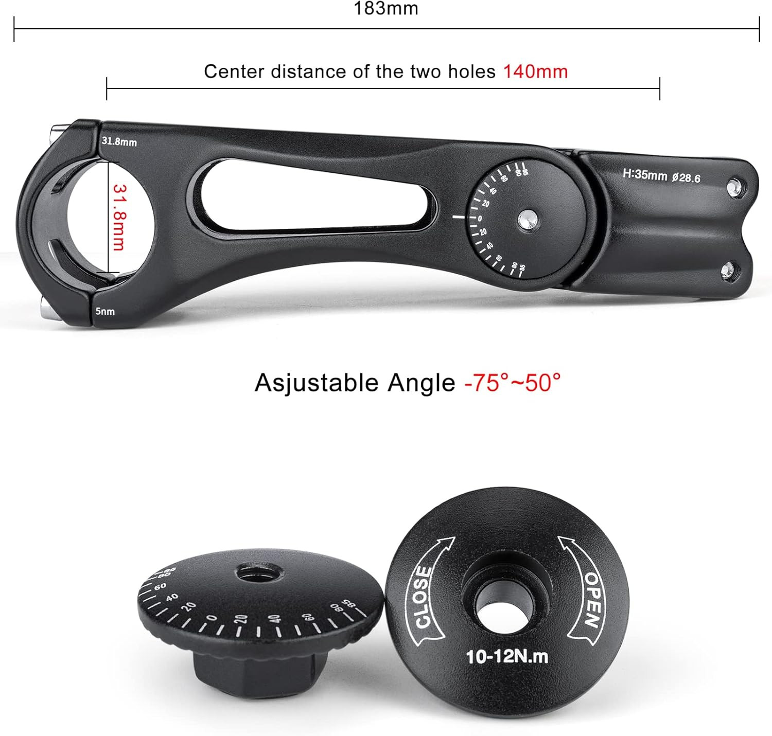 Bike Bicycle Stem - -75 ~ + 50 Degree Adjustable Bike Stem- 110/125/140mm Bik...