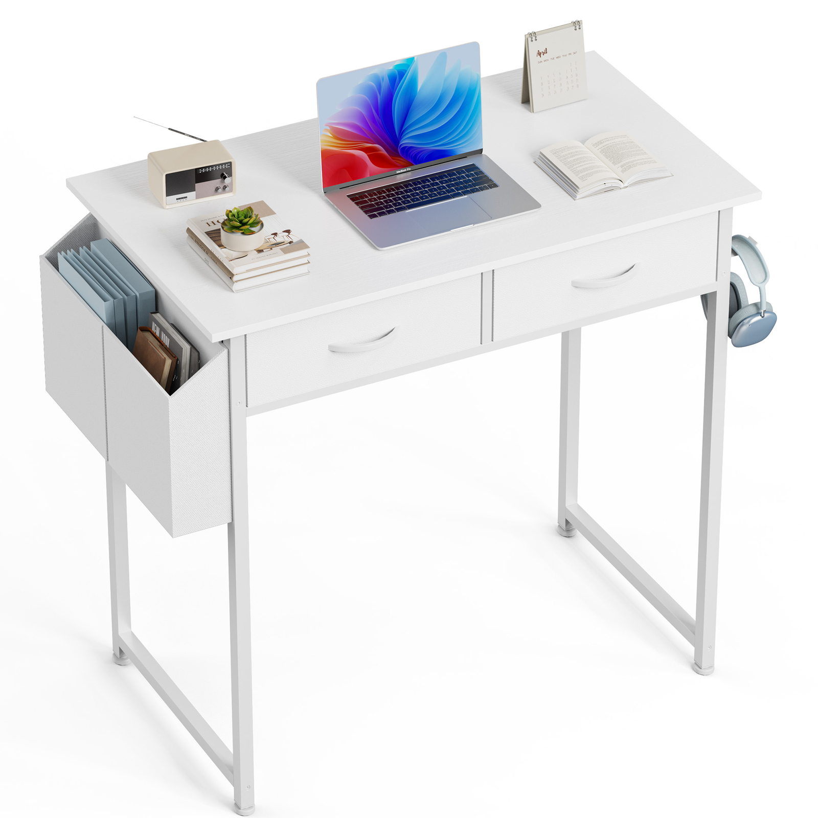 Compact 32 inch Home Computer Desk - 2 Fabric Drawers, Side Storage Bag, Hook