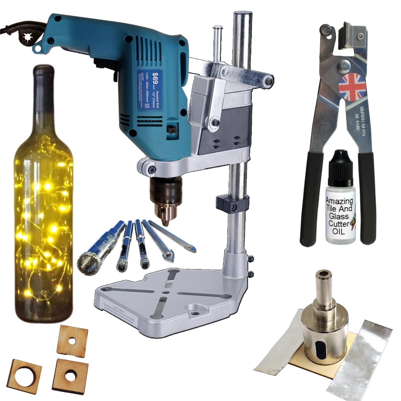 Glass Cutter Tools Diamond Bits Glass Hole Saw Drill and Stand Make Bottle Lamps