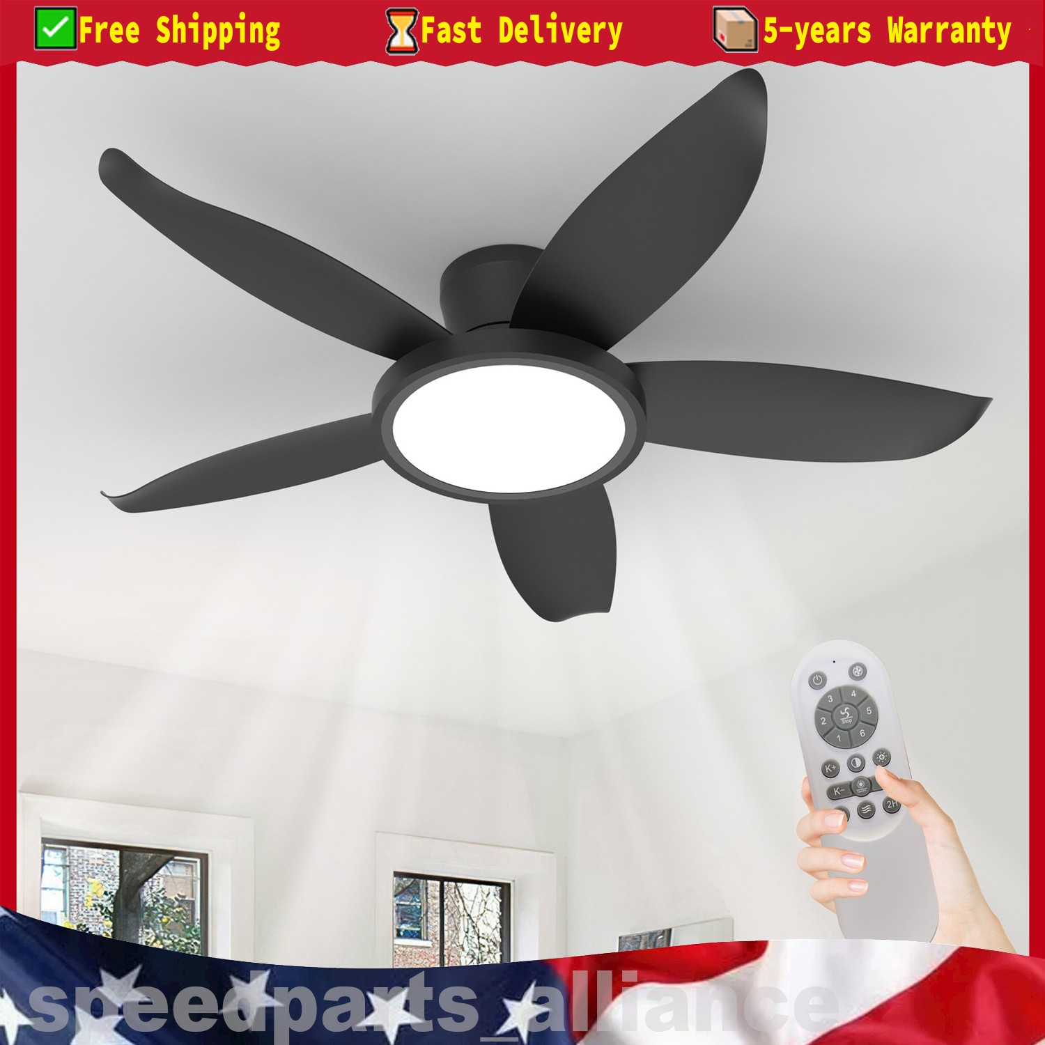 42" Low Profile Black Ceiling Fans with LED Light Flush Mount Remote APP Control