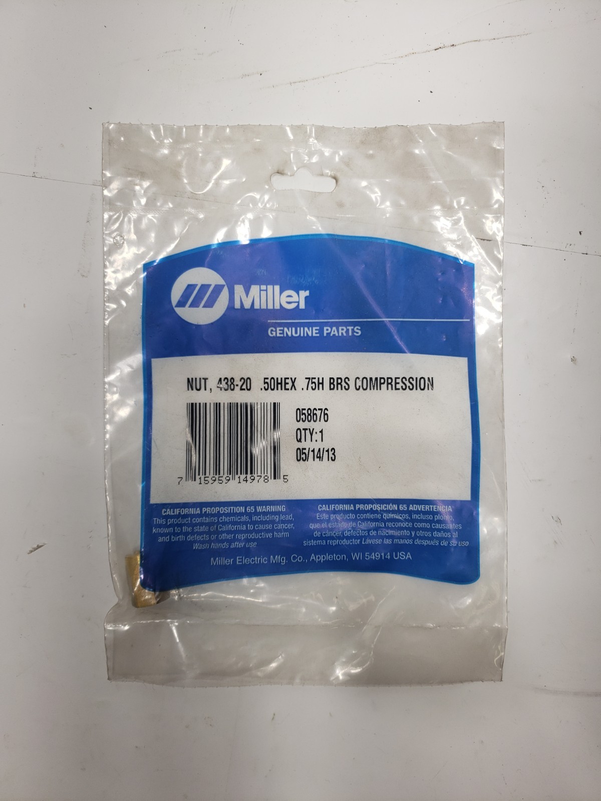 Miller 058676 Nut 438-20 .50Hex .75H Brs Compression Modified Quantity 1