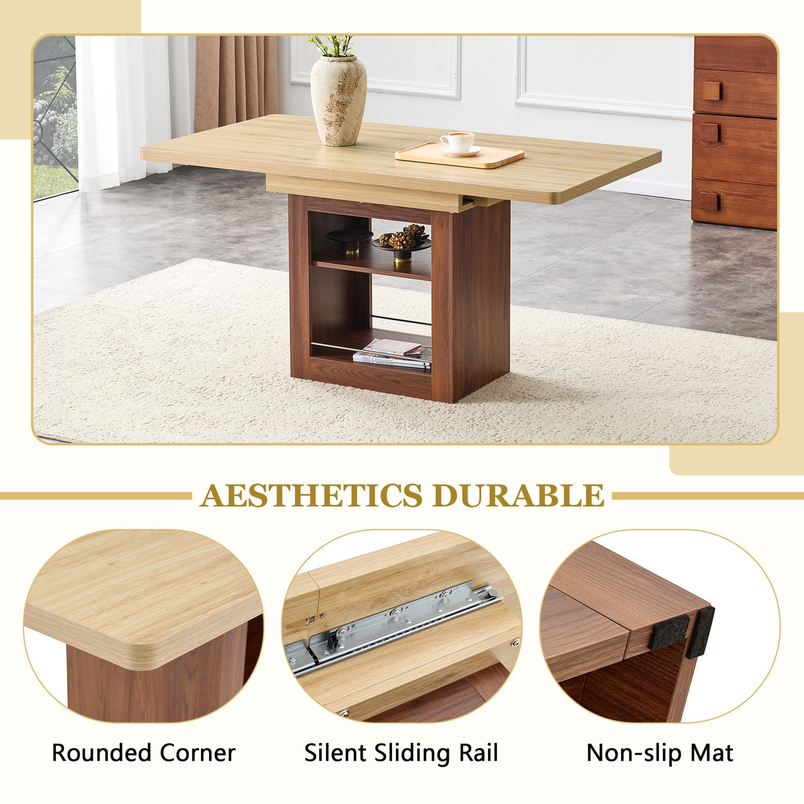 Expandable Dining Table w/storage space,59" to 71" kitchen Dining Table Walnut