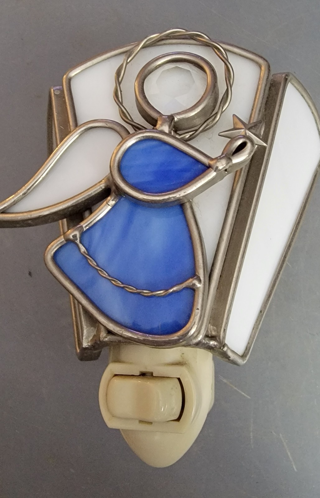 Vintage Stained White And Blue Glass And Pewter Angel Night Light .working