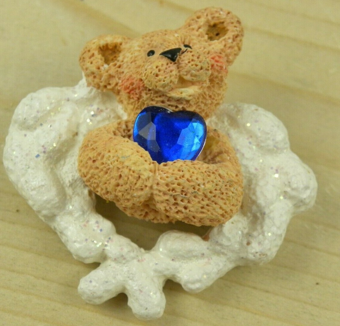 Vintage Kurt Adler Teddy Bear Angel Brooch Pin Resin Signed Blue Heart