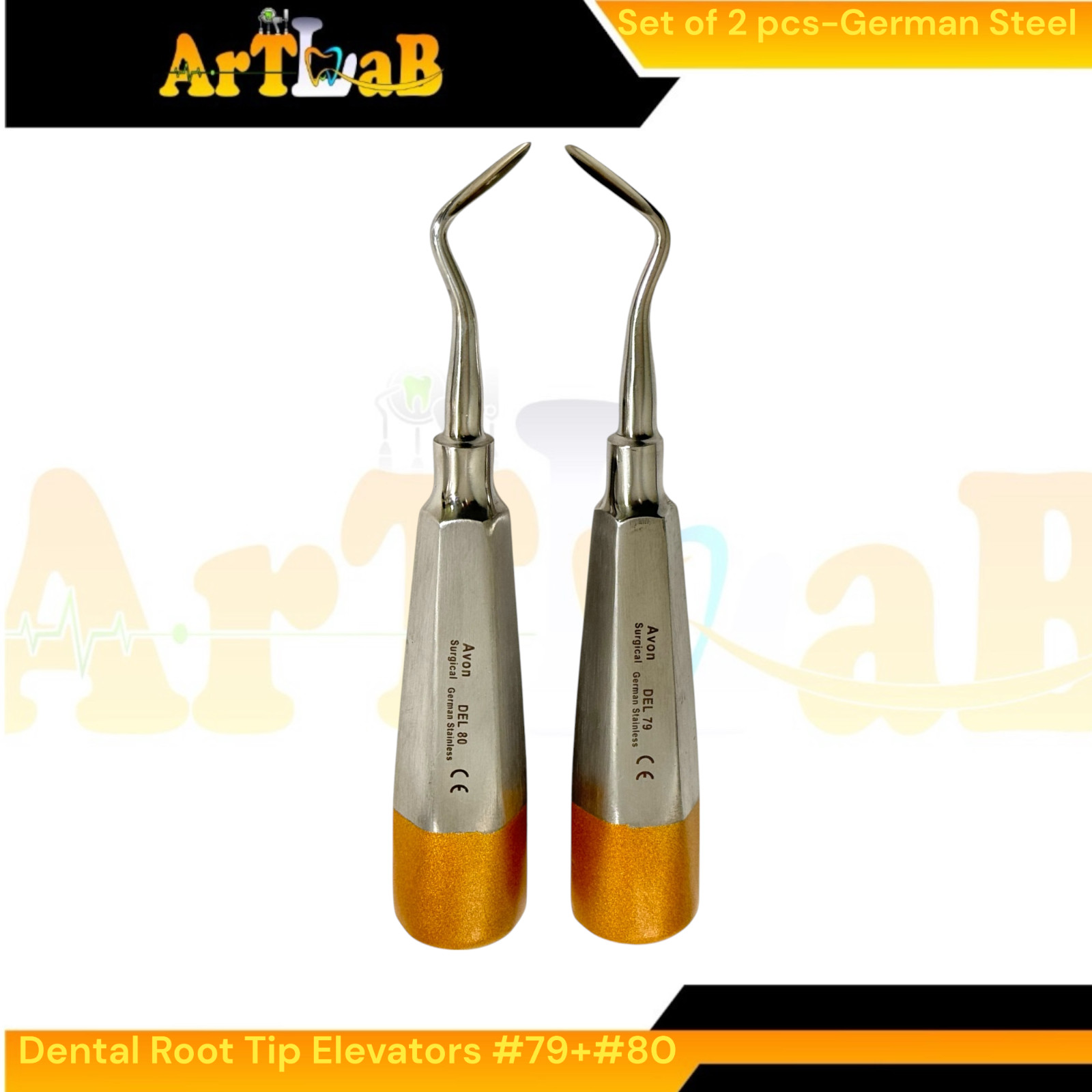 Luxating Root Elevator Set with Angled Sharp Tips, #79 & #80, Hollow, Gold (2pk)