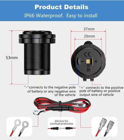 12V Cigarette Lighter Socket with Blue LED, Waterproof Cigarette L Color: Blue