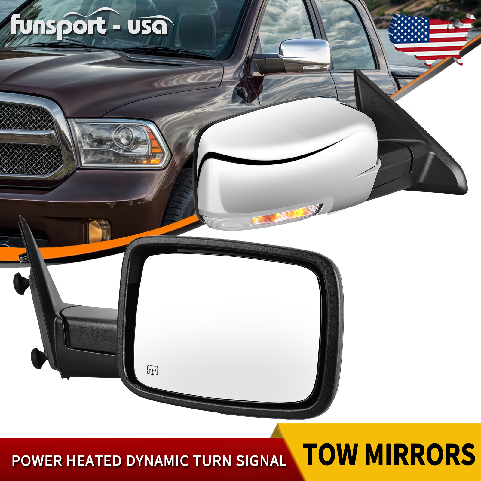 Pair Power Heated Mirrors for 2009- 2018 Dodge Ram 1500 2010-2017 Ram 2500 3500