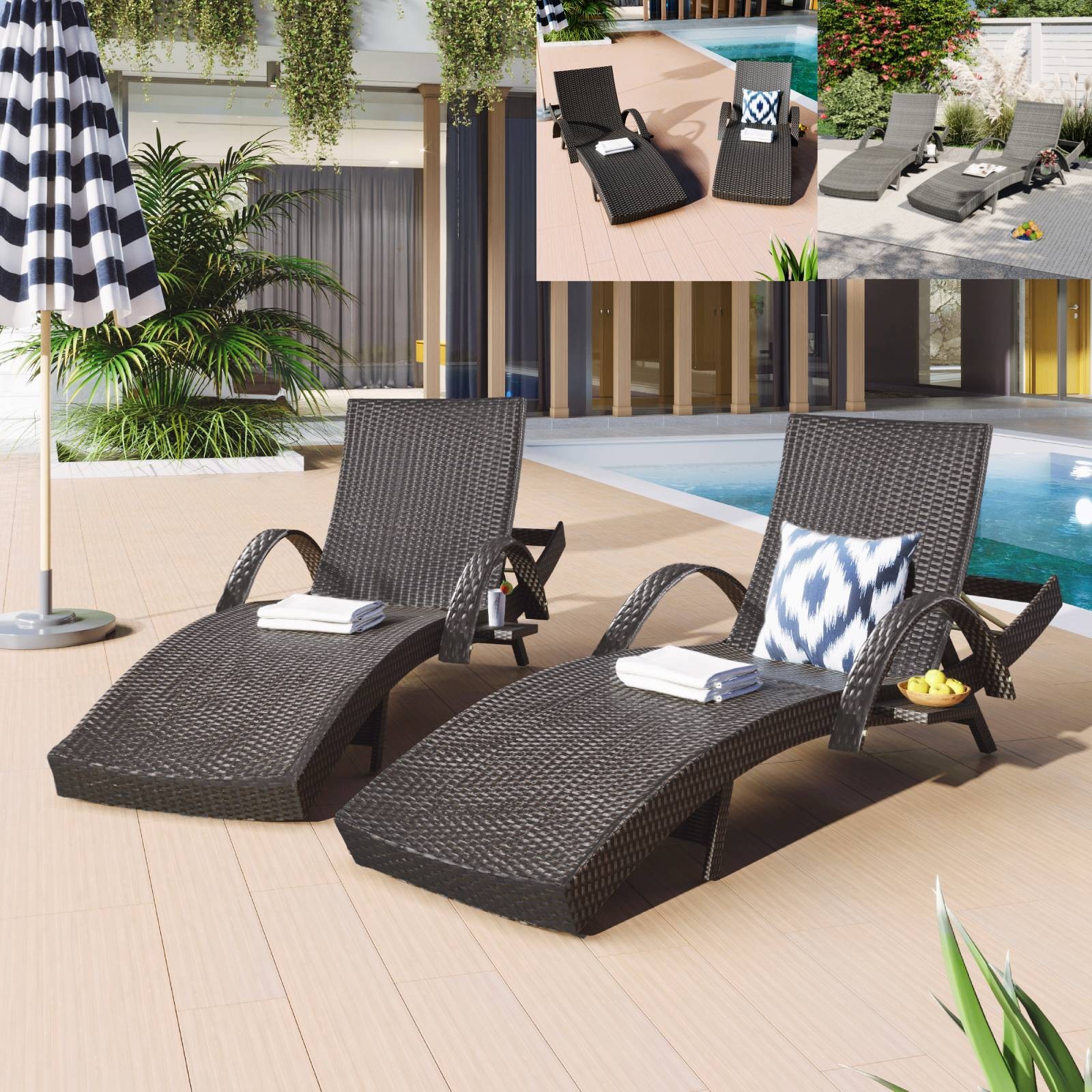 80'' Outdoor Wicker Chaise Lounge Chairs Set of 2 Patio Rattan Reclining Chair
