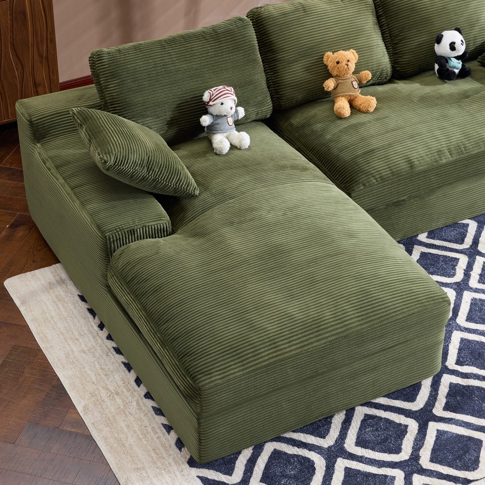 Green Corduroy Sofa w/ Back Cushions & Throw Pillows, Medium-Soft Foam Seat