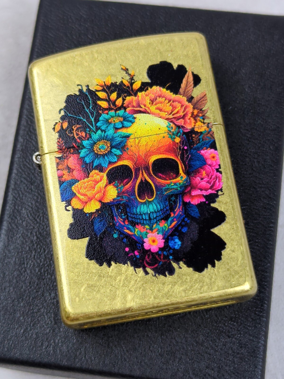 ZIPPO SKULL w/ FLOWERS Design on Classic STREET BRASS Lighter, MAY (E) 2024