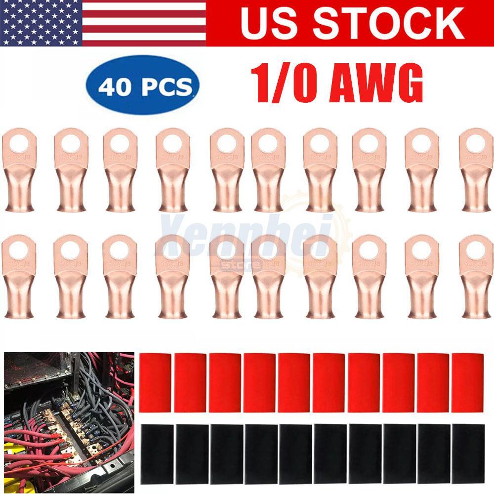 40 pcs 1/0 AWG Gauge Copper Lugs w/ BLACK & RED Heat Shrink Ring Terminals Set