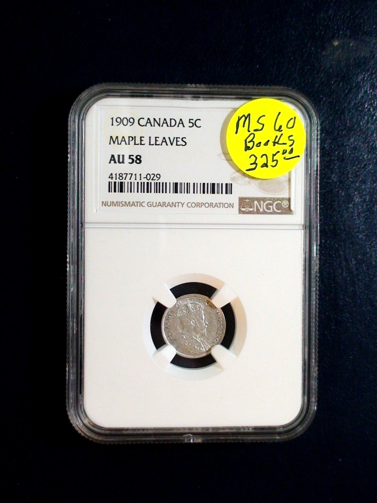 1909 Canada Five Cents NGC AU58 MAPLE LEAVES SILVER 5C Coin PRICED TO SELL!
