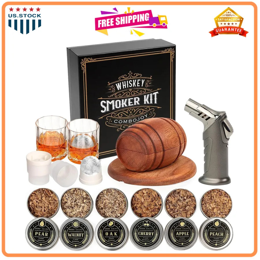 Whiskey Smoker Kit with Torch, 6 Wood Chips, 2 Glasses, 2 Ice Molds, Cocktail...
