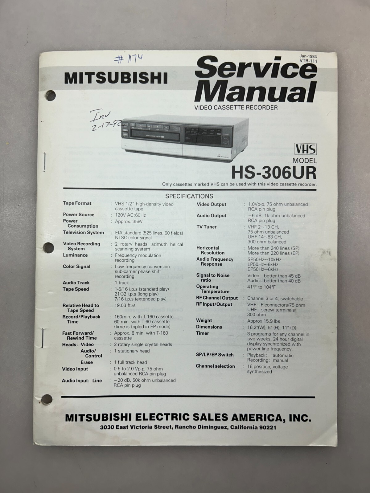 Mitsubishi HS-306UR Original Service Manual Free Shipping