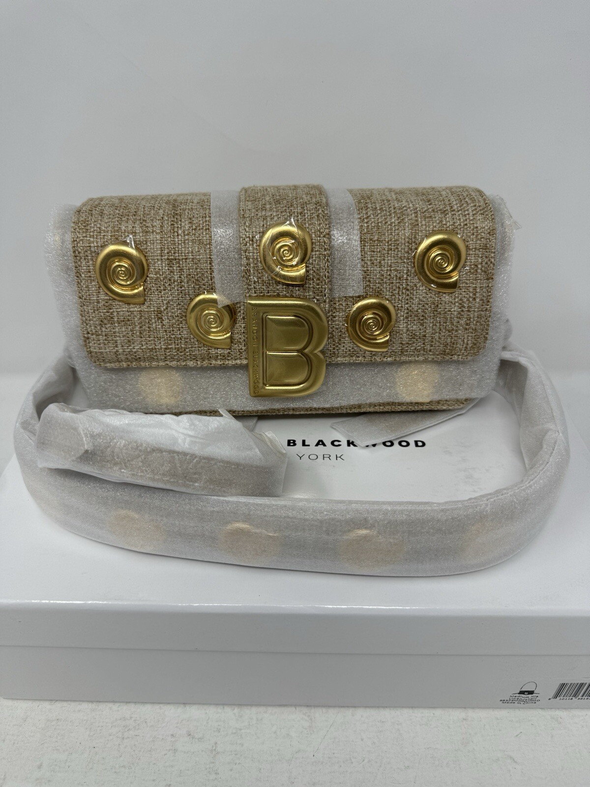 Brandon Blackwood Medium Nia Linen Shell Bag Brass Gold Hardware