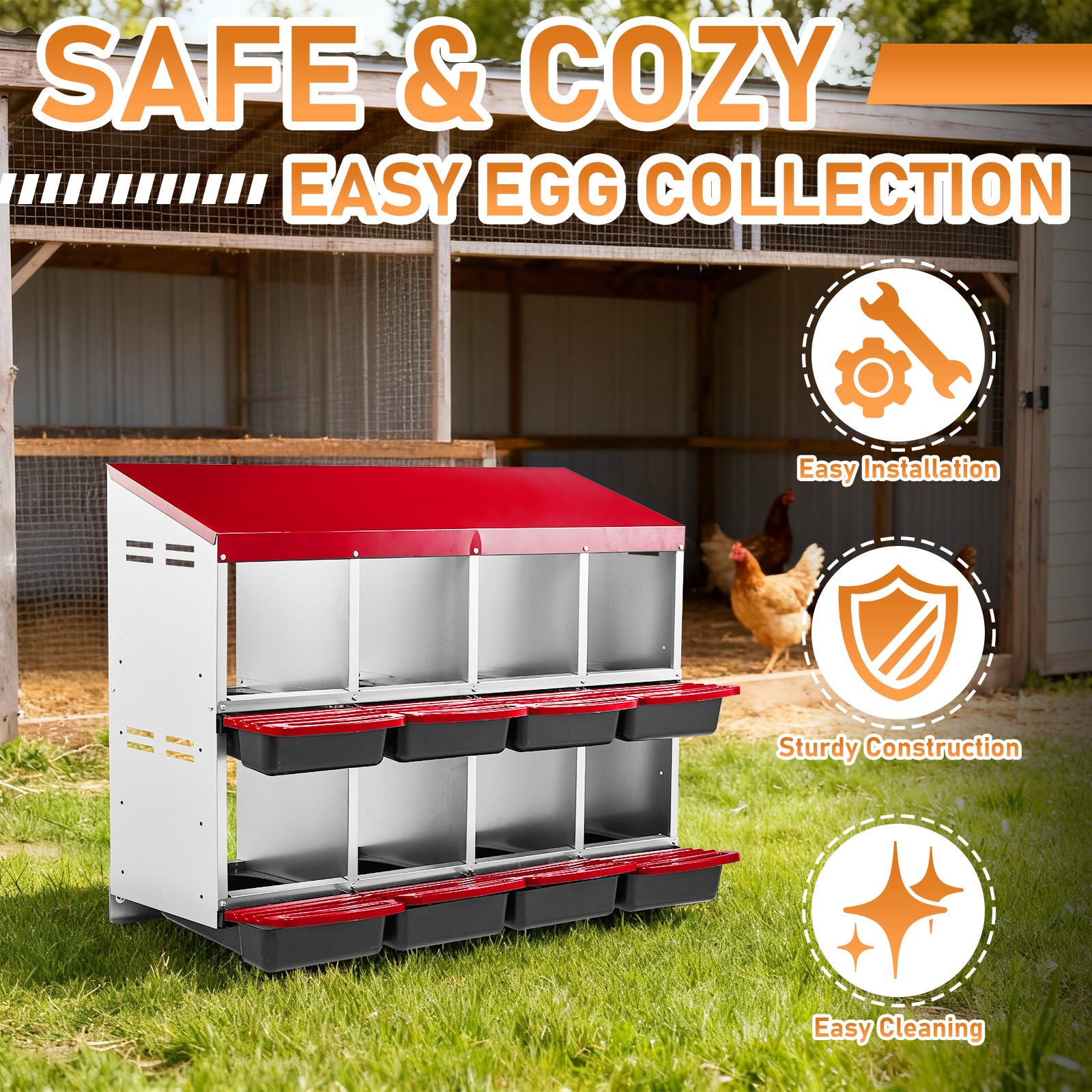 Chicken Nesting Boxes, 3/6/8Hole Metal Egg Laying Boxes for Garden Chicken Coop