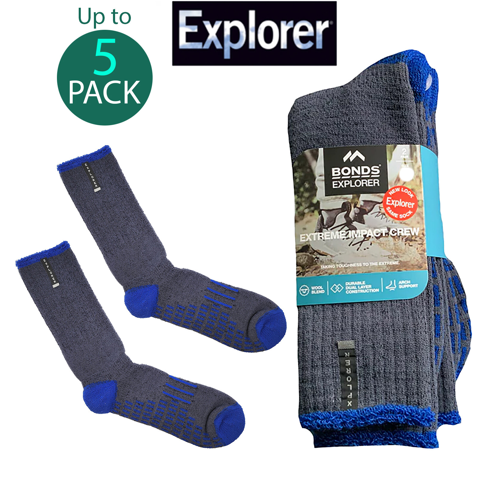Bonds Explorer Extreme Impact Crew Mens Work Thick Wool Socks Navy SZSC2W Bulk