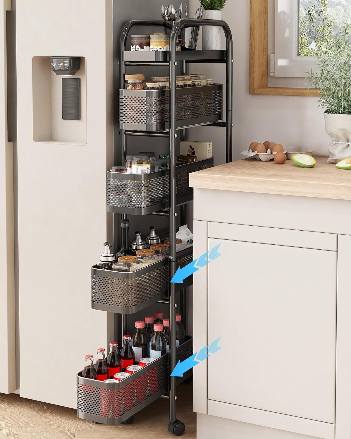 5 Tier Black Mobile Storage Cart with 5 Pull Out Baskets Narrow Shelving Unit