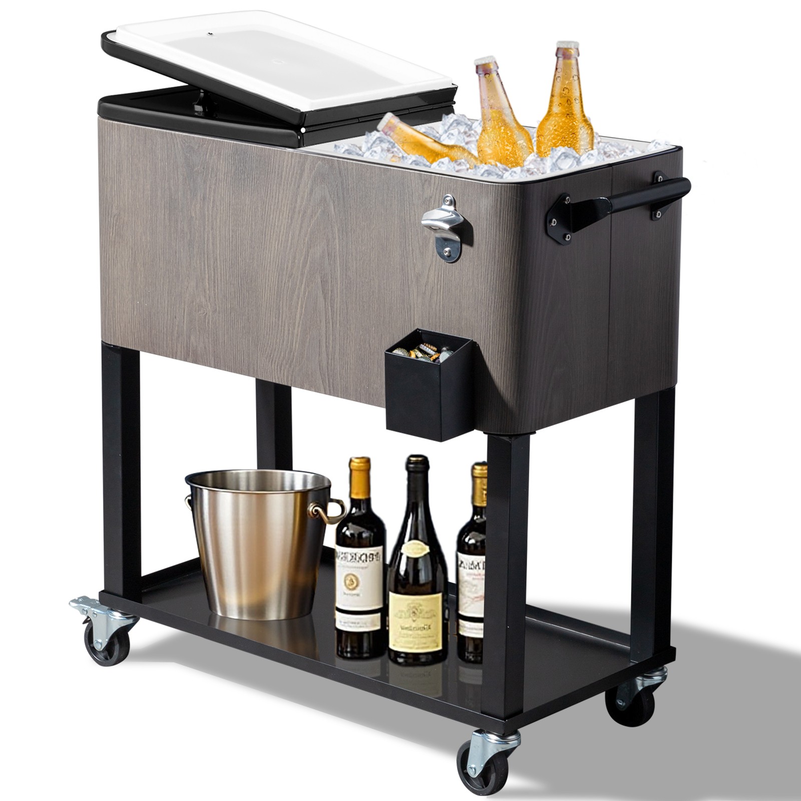 80-Quart Outdoor Rolling Beverage Cooler, Wood Grain Gray, Wheels for Patio Deck