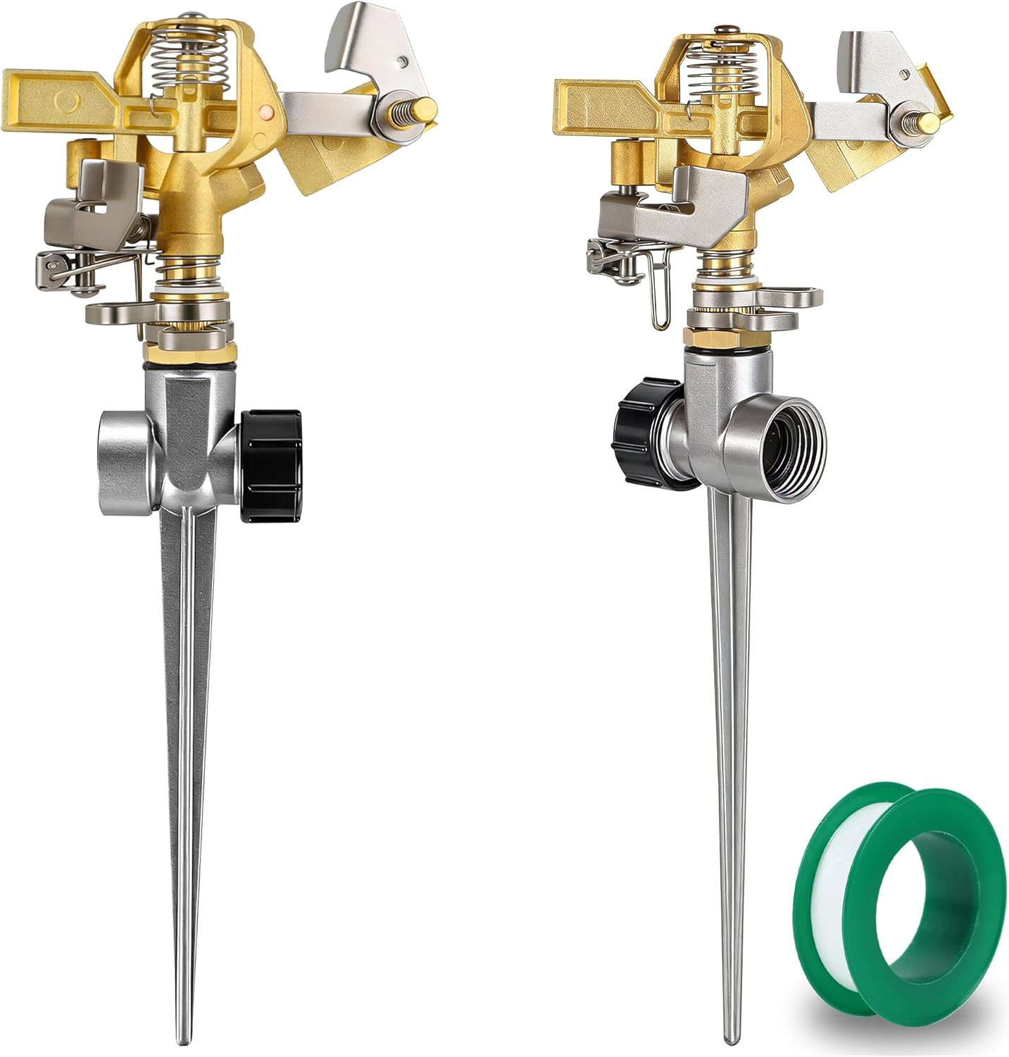 2 Packs Impact Sprinkler, Brass Head, Aluminum Alloy Stand | on Spike Base, Heav