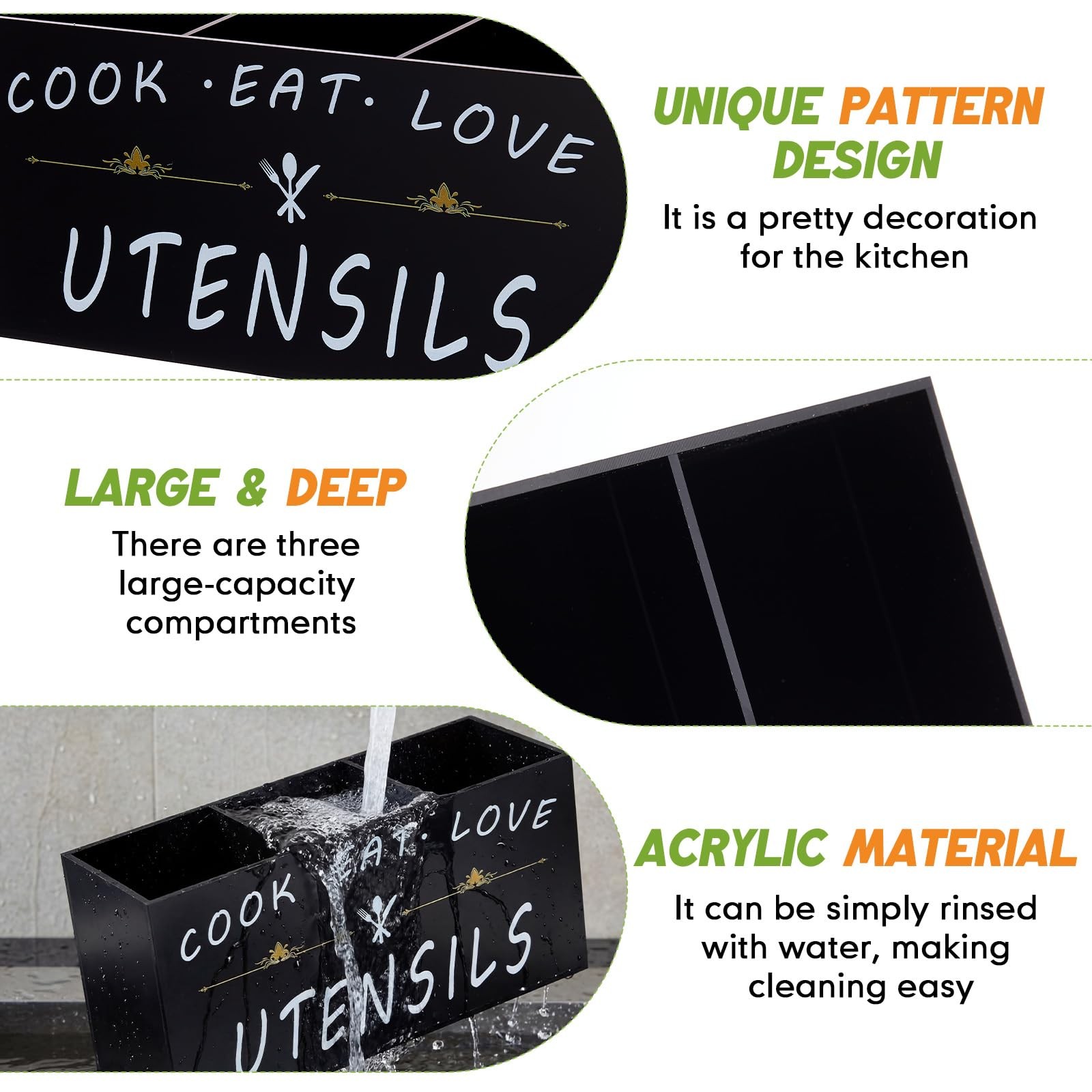Black Acrylic Large Cutlery Storage Organizer Bin 3 Compartments Silverware