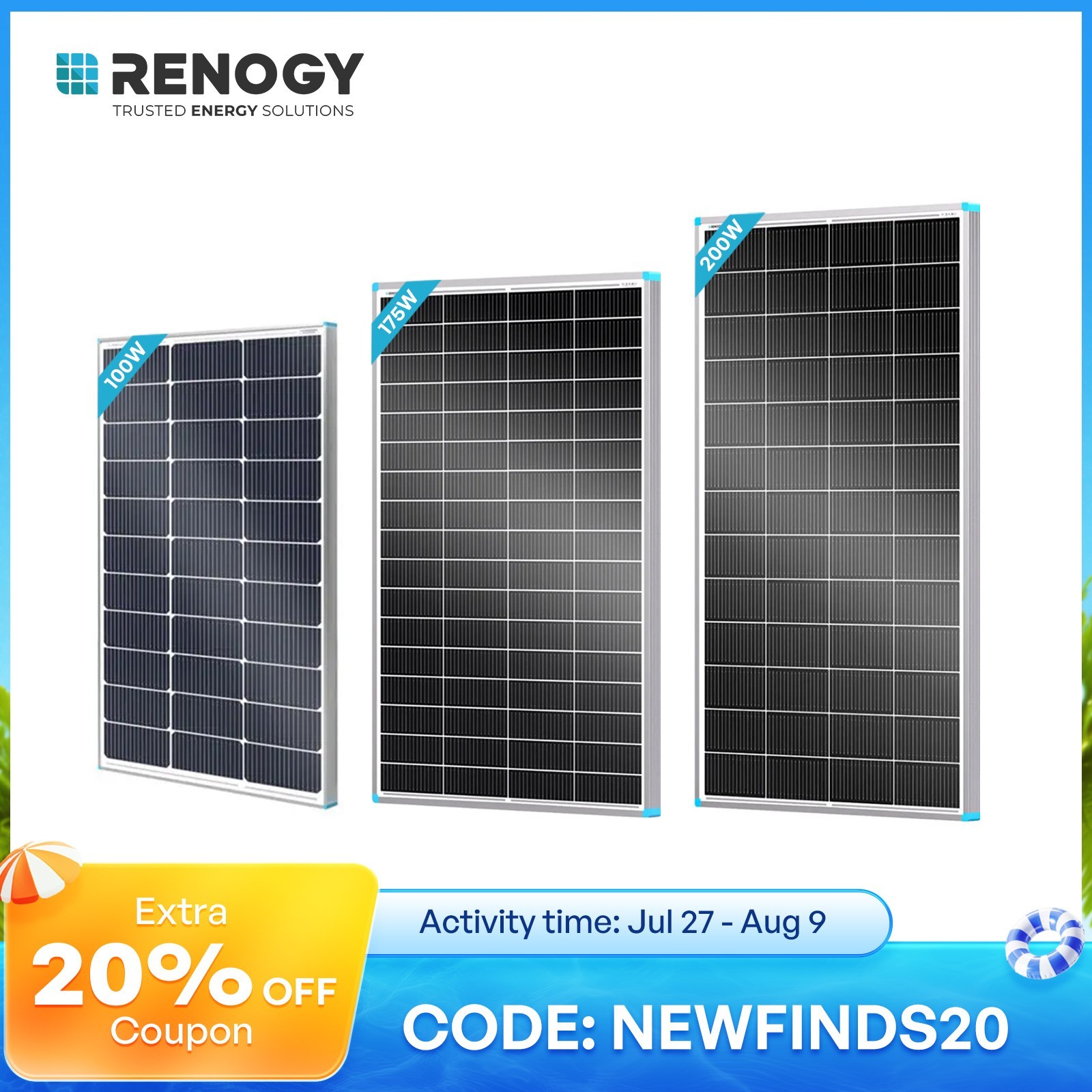 Renogy 16BB Monocrystalline Solar Panel For RV Boat Home Off Grid 200W 175W 100W