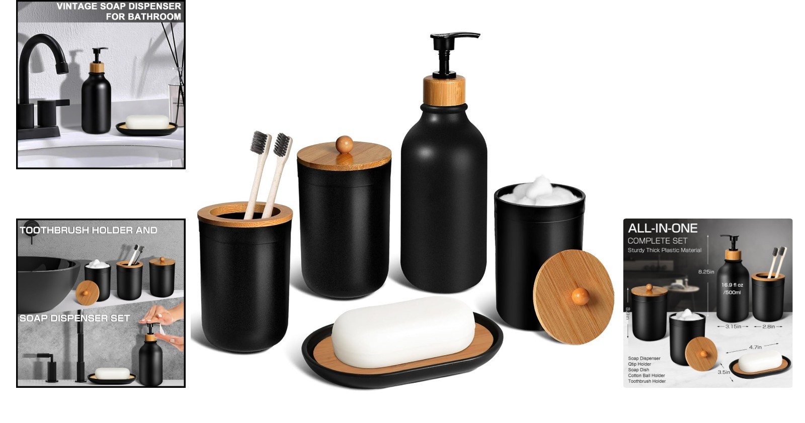 Stylish Black Bathroom Accessory Set - Shatterproof & Dust-Proof 5 Piece