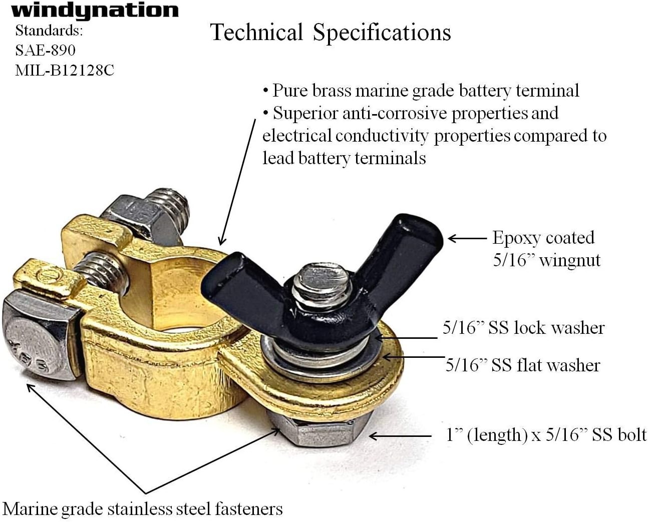 Corrosion Resistant Brass Battery Terminals | Top Post, 5/16" Mounting Pair