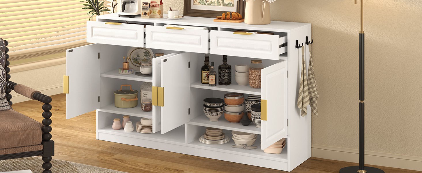 U-Style Farmhouse Sideboard with 3 Drawers & 4 Doors,59.1" Multi-Functional St