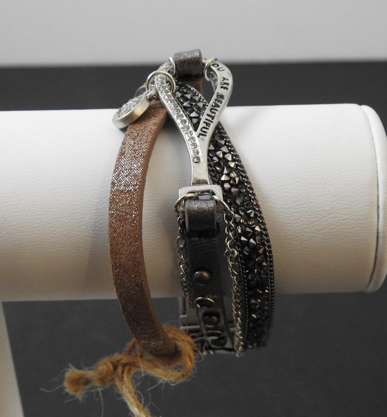 Trio Band Message You Are Beautiful Leather Crystal Metal Stackable Bracelet 8"