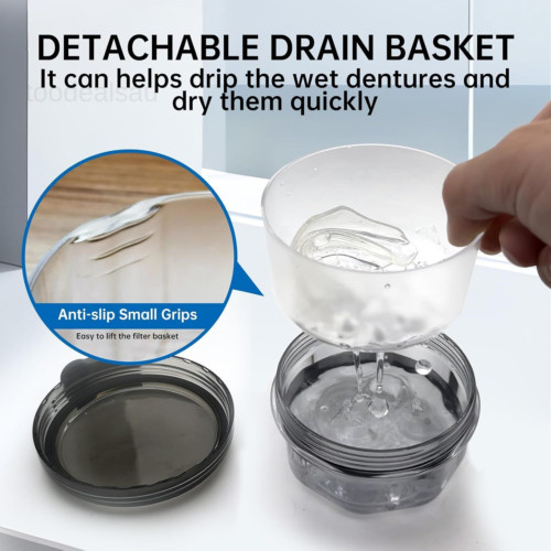 Leak Proof Denture Cups for Soaking Dentures, Partial Transparent Black