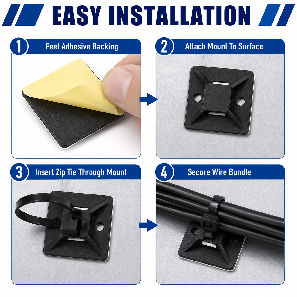 30x30mm Self Adhesive Cable Tie Mounts Wire Holders Zip Tie Bases Black