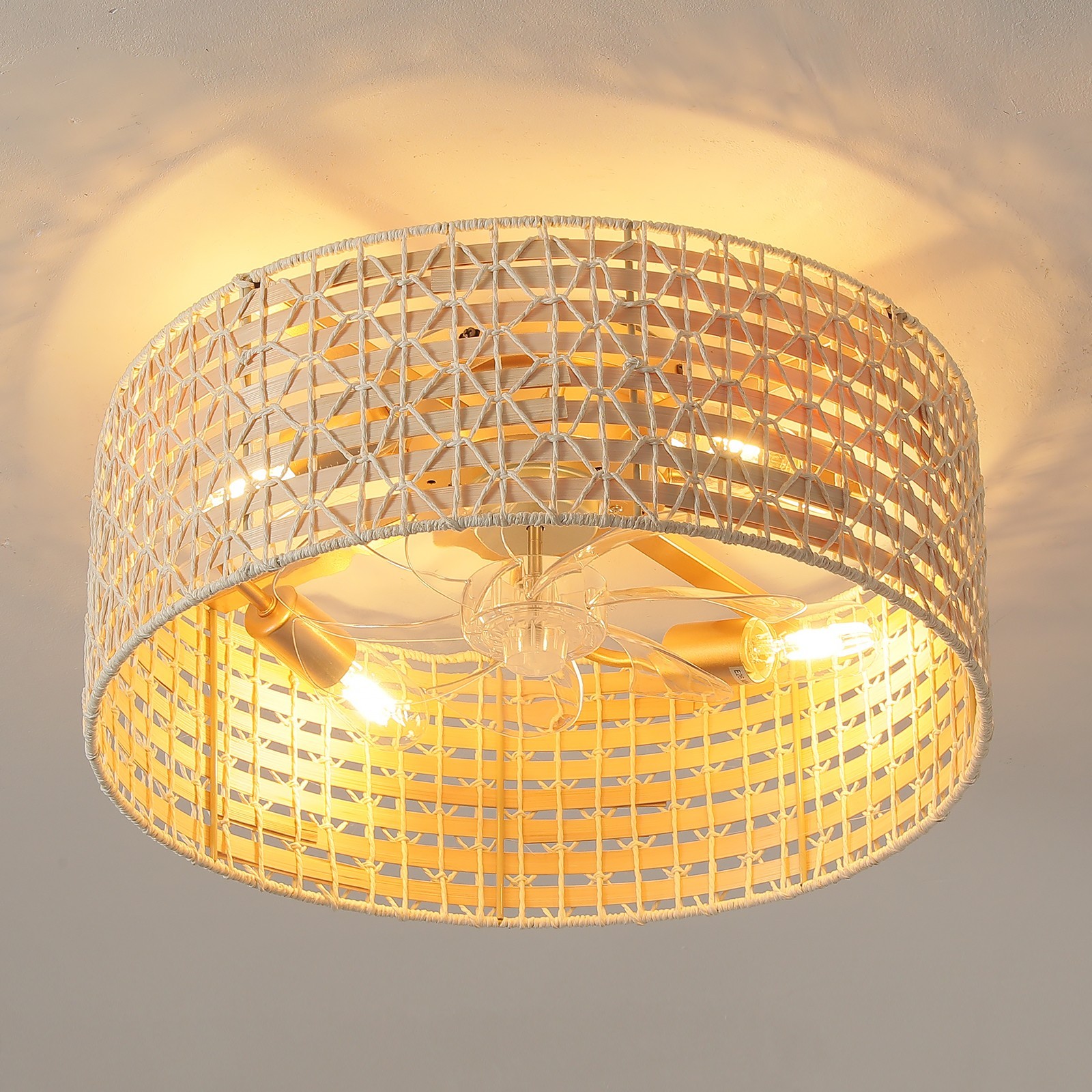 Boho Caged Ceiling Fan with Light, Rattan Ceiling Fans with Lights Flush Mount