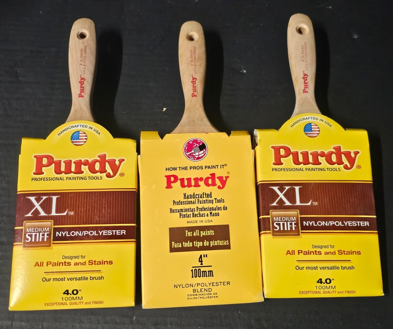 Set of 2 Purdy XL Glide Paint Stain Brush MED Stiff 4” and 1-Pack of 4"-XL-SWAN