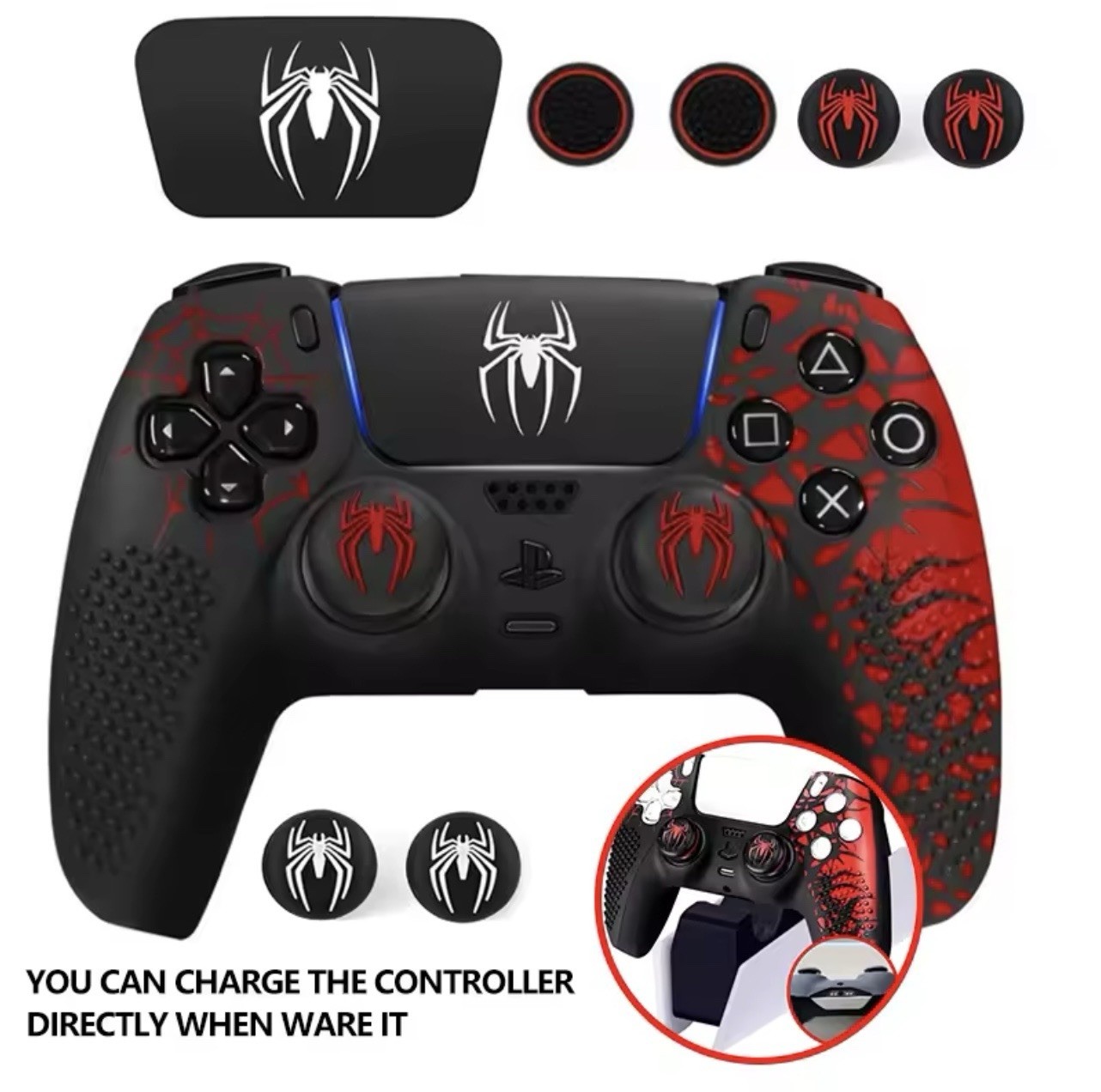 Spider-Themed PS5 Controller Skin Set Black/Red Anti-Slip Ergonomic