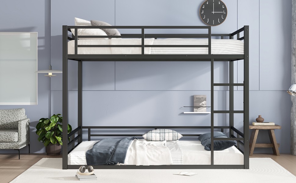 Metal Queen Over Queen Bunk Bed, Black, Space Saving, Noise Reduced