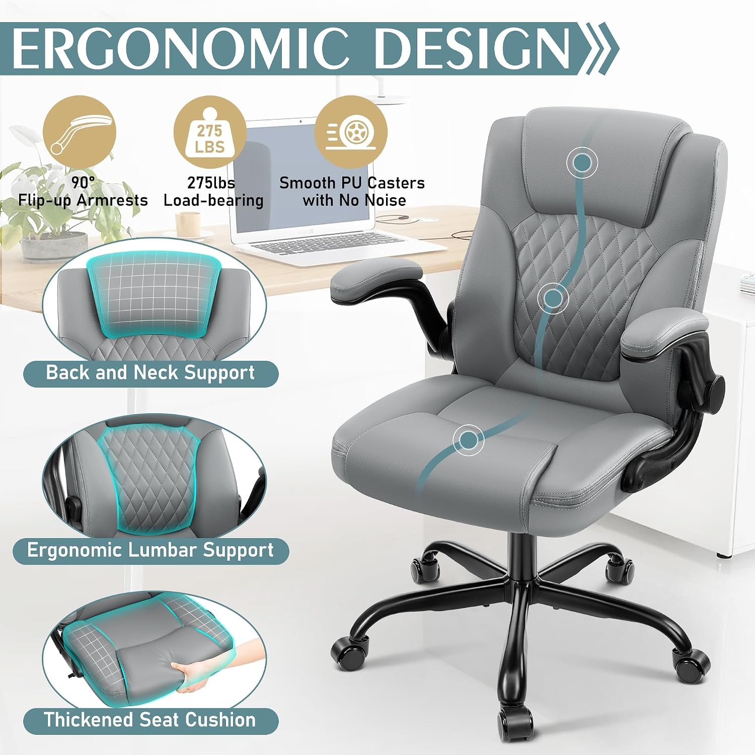 Leather Office Chair, PU Home Computer Desk Chairs with Ergonomic Back Support,