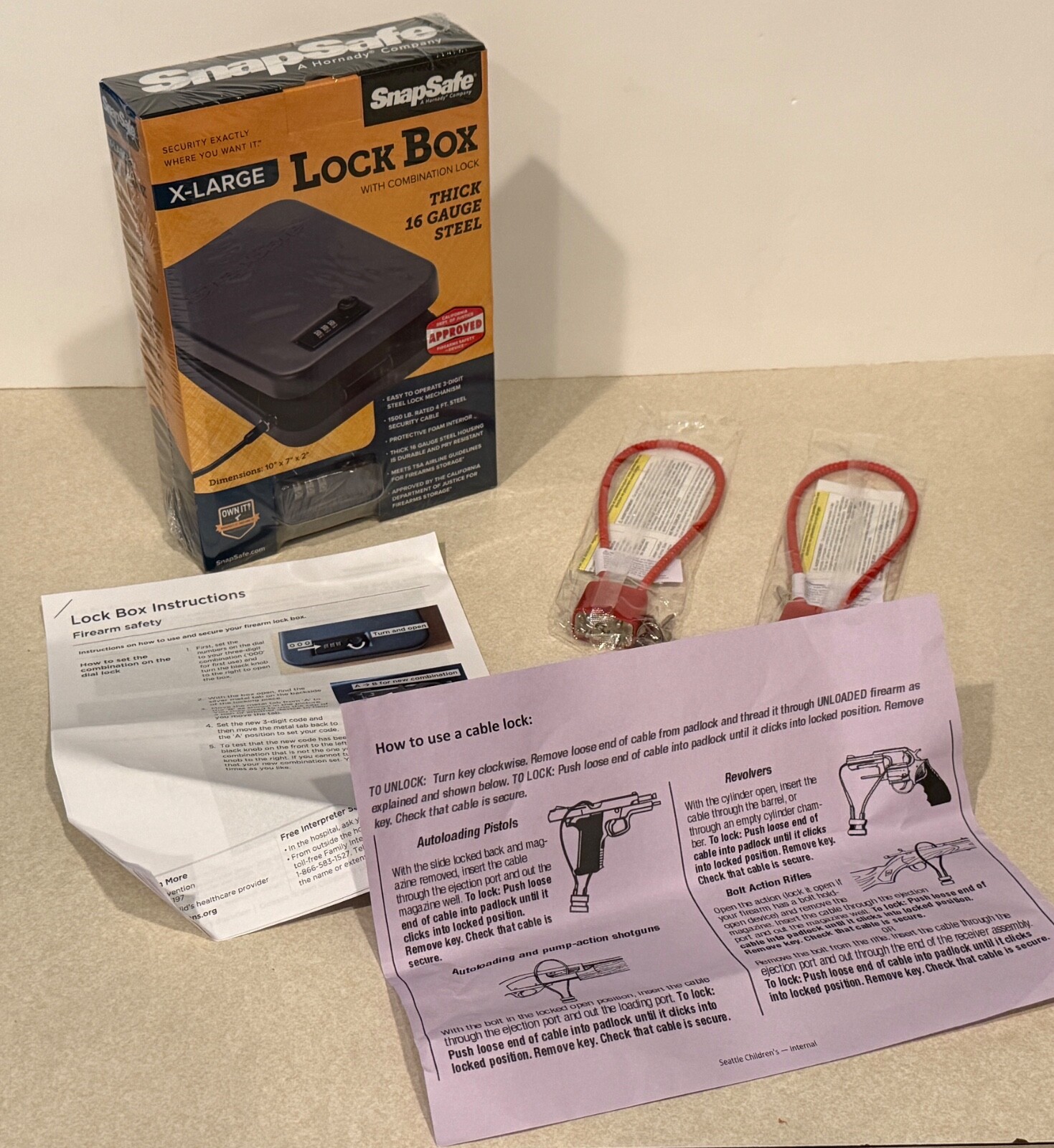 SnapSafe TSA Approved X-Large Lock Box Combination Lock w/ two Cable Gun Locks