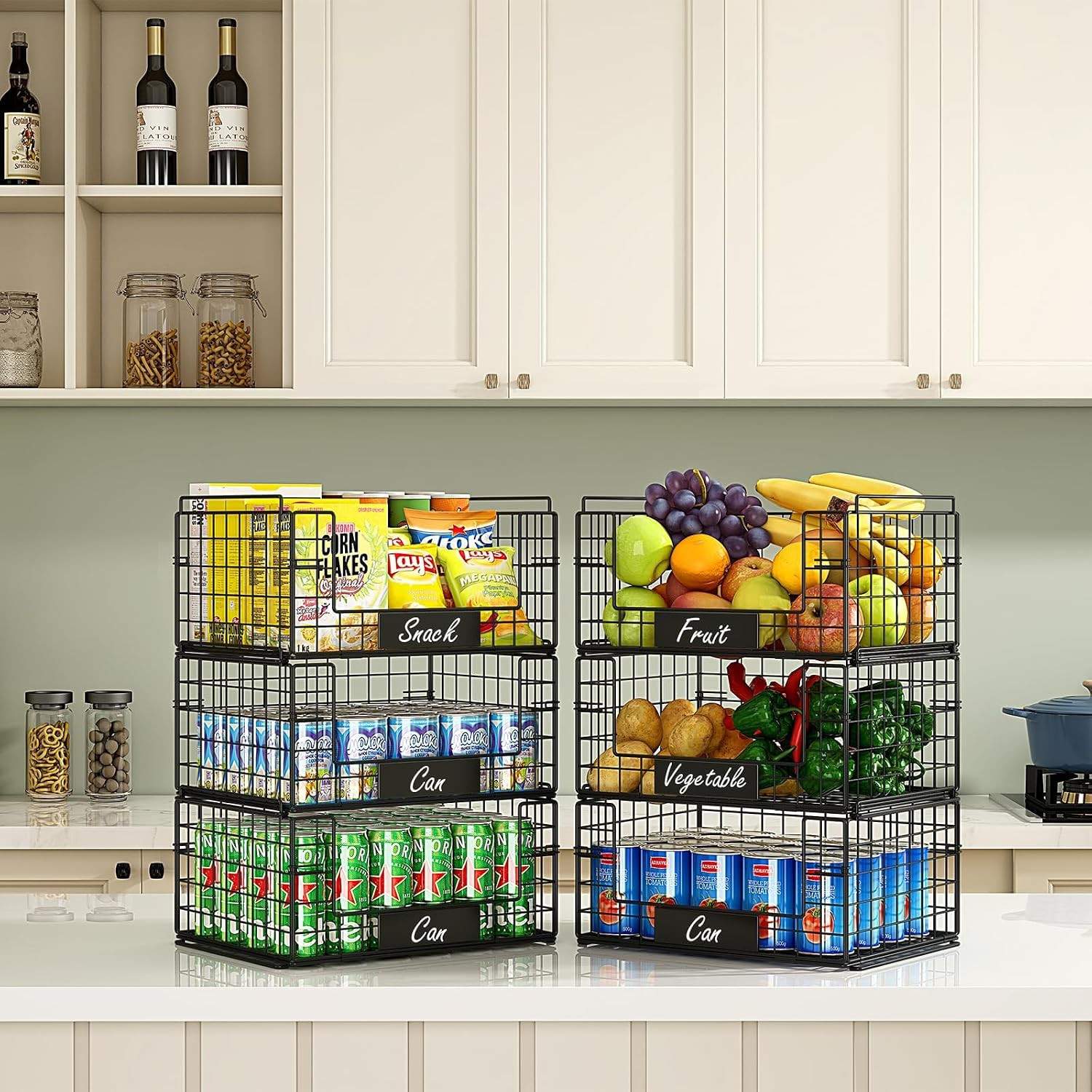 3 Pack XXL Stackable Wire Baskets, Pantry Organizers and Storage | Fruit Basket