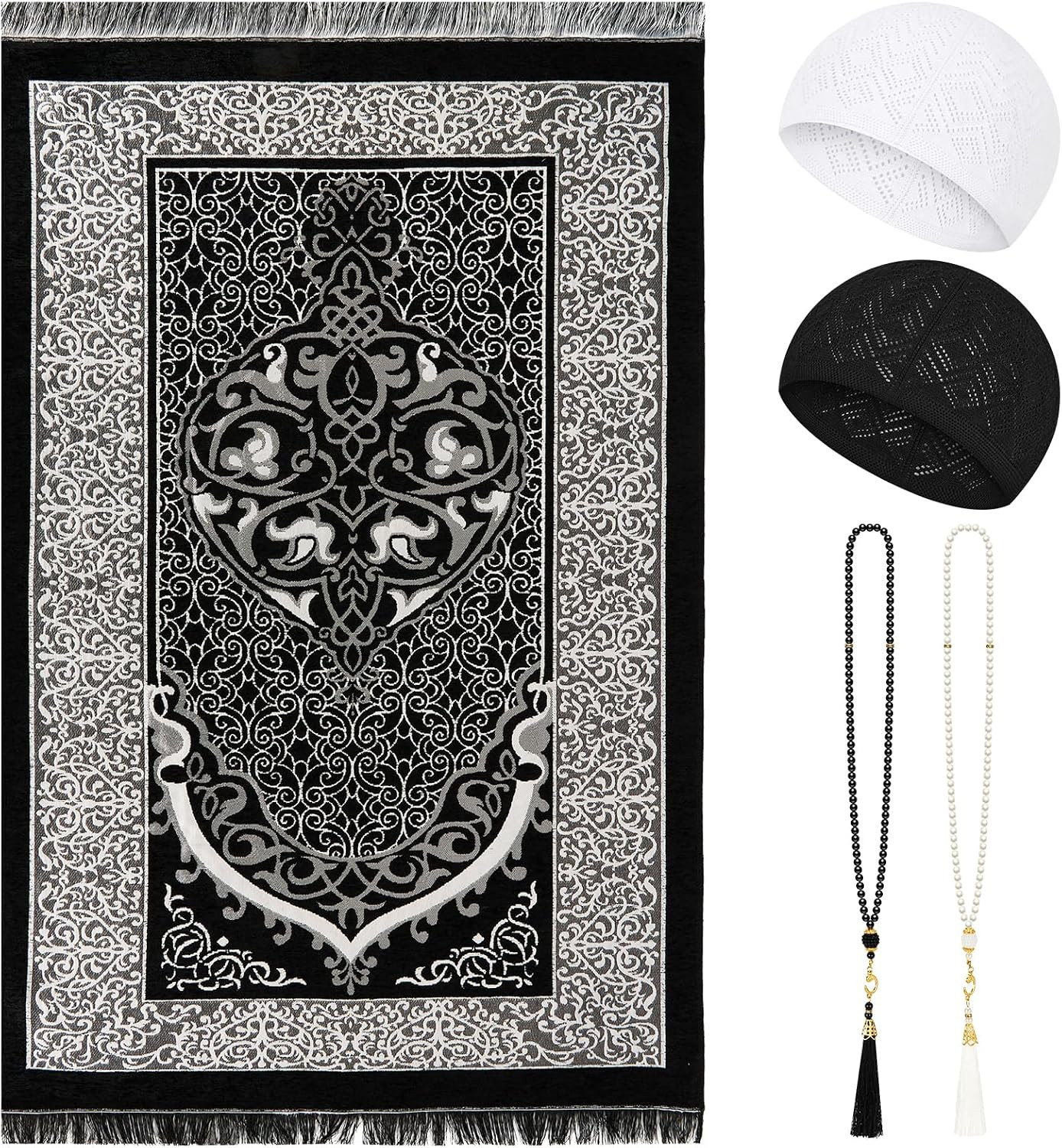 Muslim Prayer Mat Set with Kufi Hat & Tasbih 99 Beads, Portable Islamic Prayer R