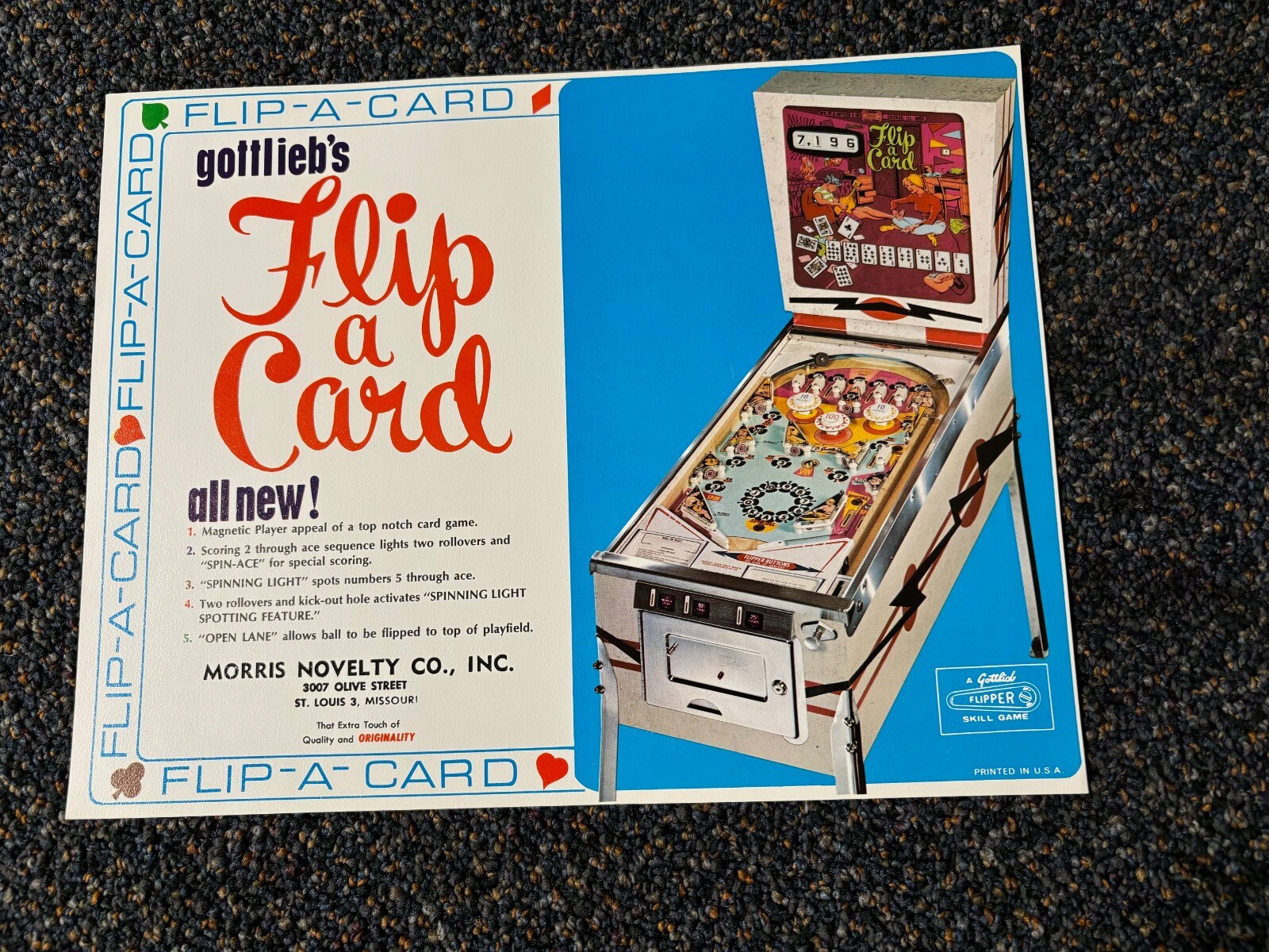 1970 GOTTLIEB FACTORY ORIGINAL  FLIP  CARD PINBALL PROMO FLYER NEW OLD STOCK
