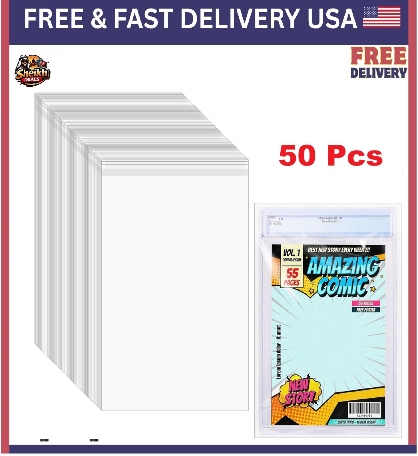 50 Pcs Resealable Graded Comic Book Bags,Clear Plastic Comic Sleeves for CGC USA