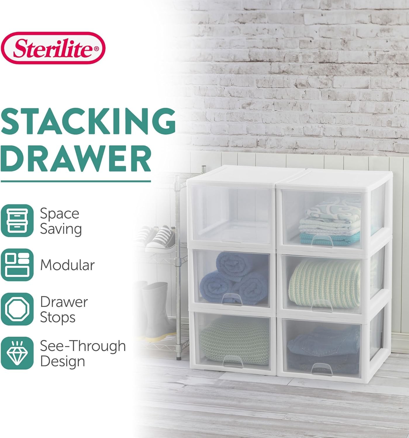Sterilite 8-Pack 27 Quart Stacking Drawer, Clear Storage Closet Organizer