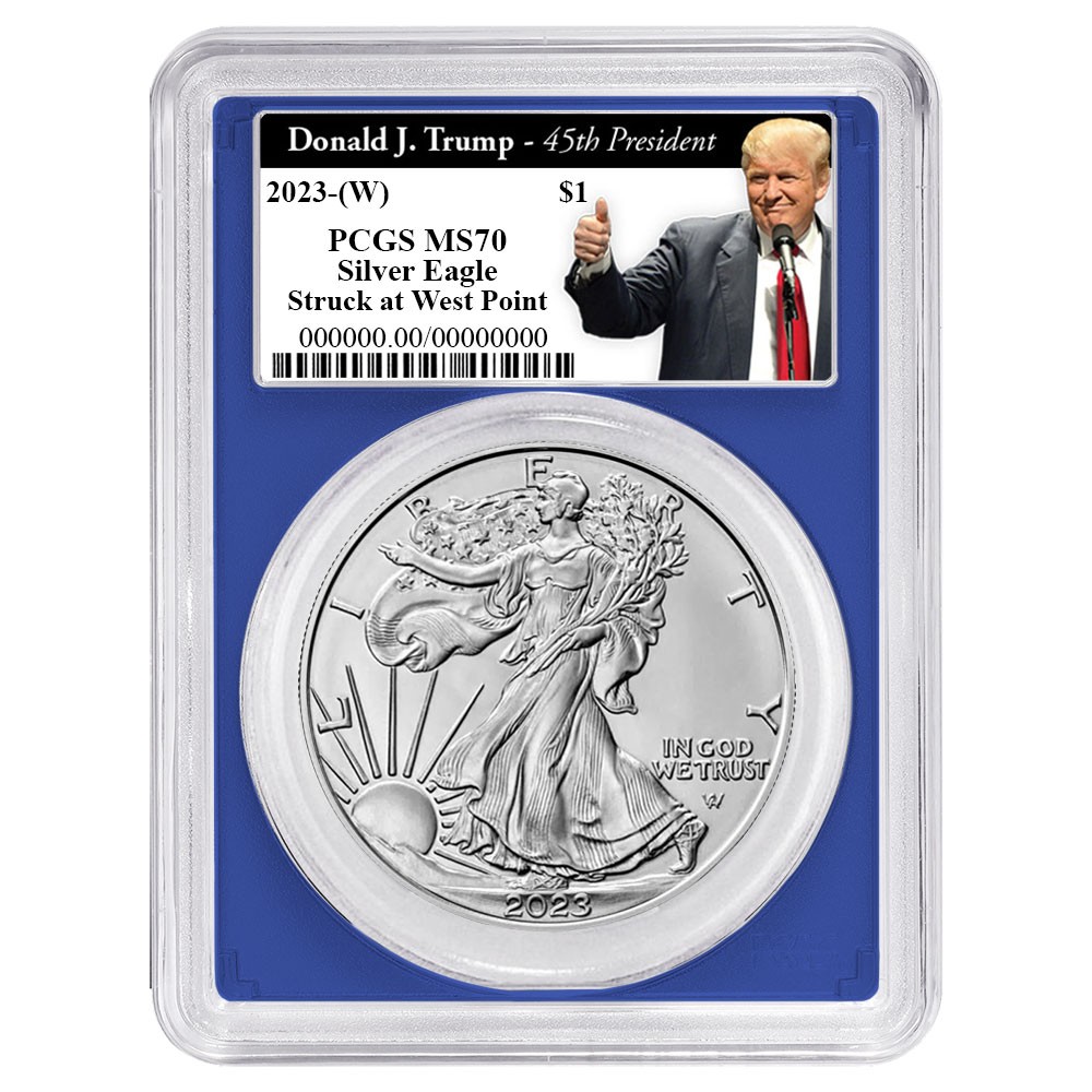 2023 (W) $1 American Silver Eagle PCGS MS70 Trump 45th President Label Blue
