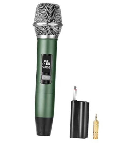 Rechargeable Wireless Microphone - Two Metal UHF Microphones - Green - One Mic