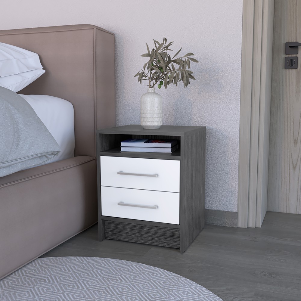 Nightstand Cartiz, Two Drawers, Smokey Oak / White Finish