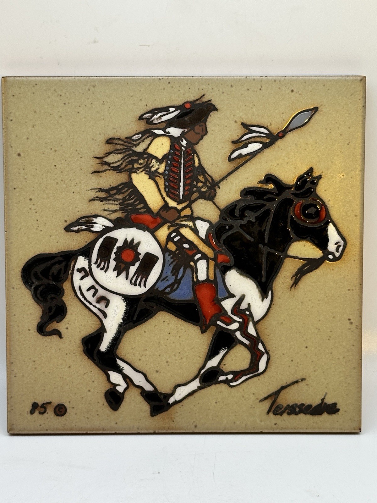 Cleo Teissedre Designs Tile Charging Warrior On Paint Pony 1985