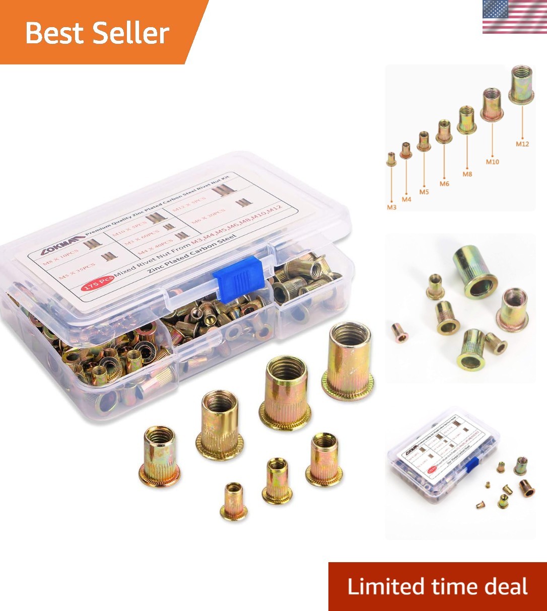 175PCS Metric Rivet Nut Kit - High-Quality Carbon Steel Assortment M3-M12